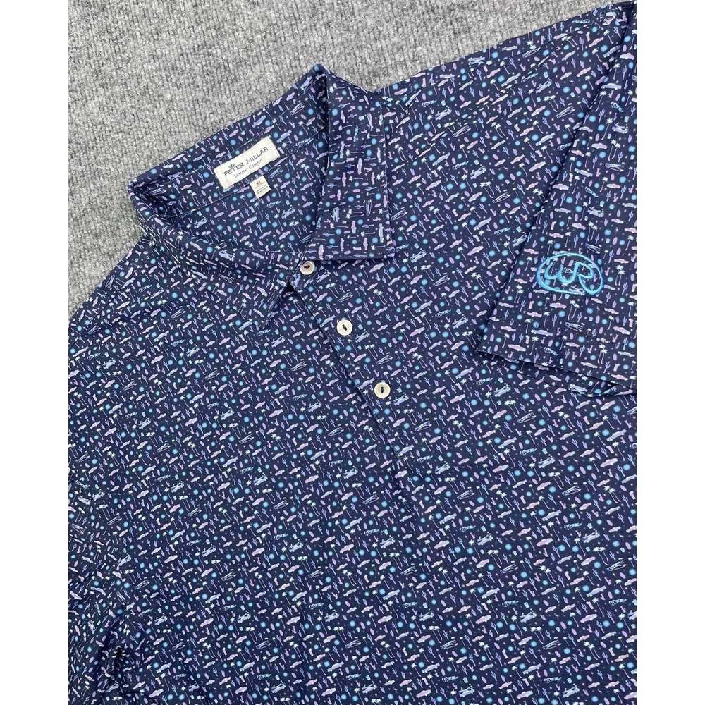 Peter Millar Summer Comfort Polo Shirt Men's XL Blue Palm Carr Night Sahuaro AOP